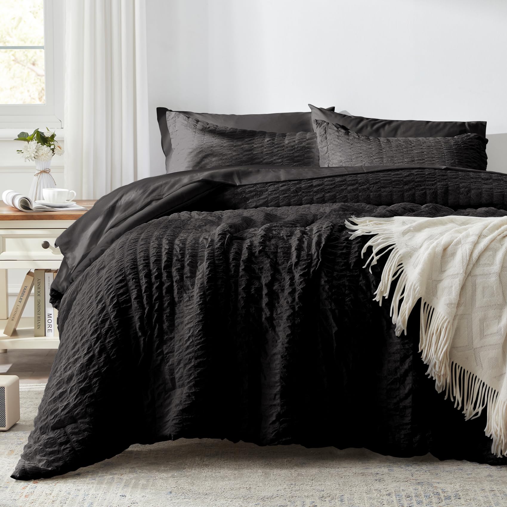 Zzlpp Full Comforter Set 7 Pieces, Black Seersucker Bed In A Bag With And Sheets, All Season Bedding Sets 1 Comforter, 2 Pillow